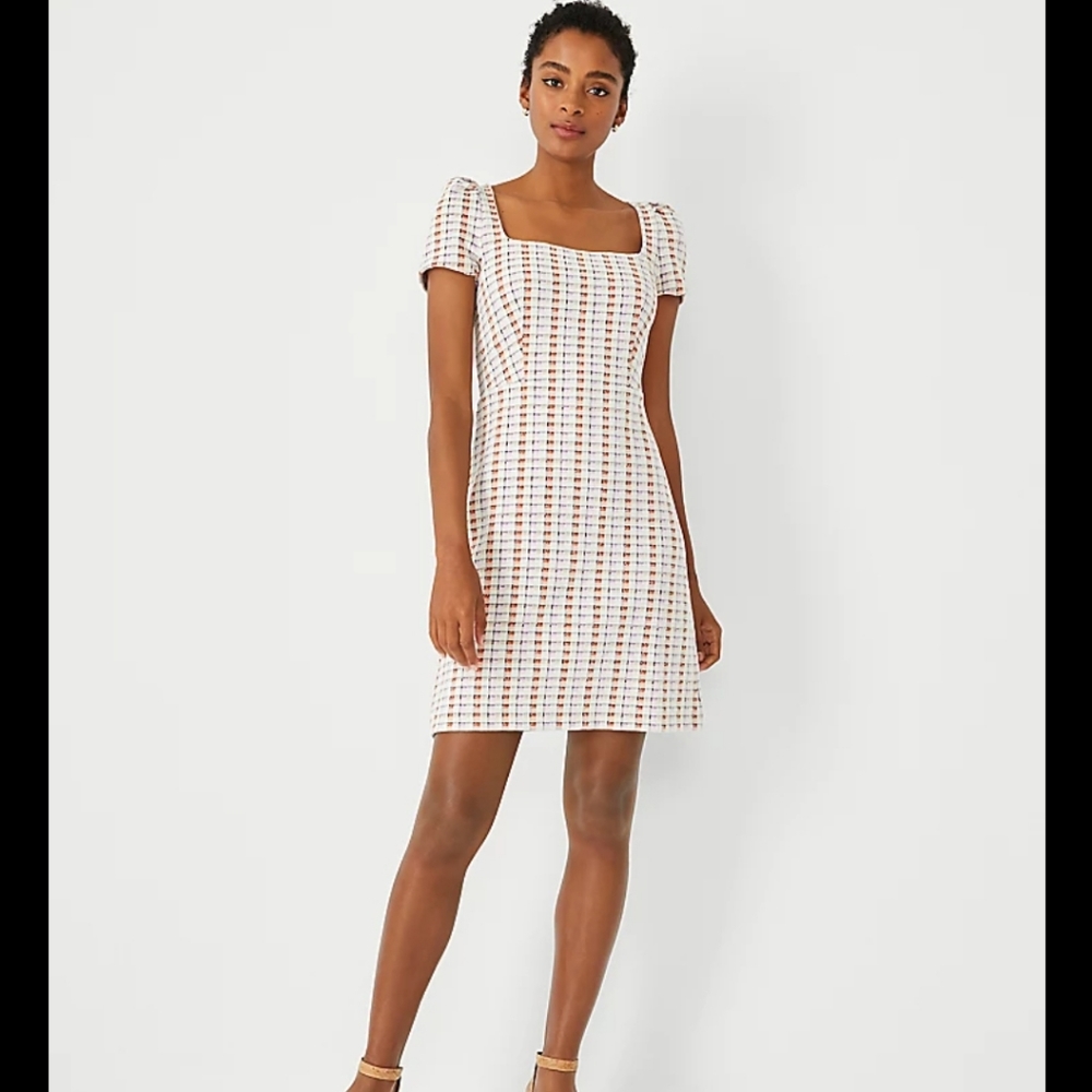 Ann Taylor Madras Plaid Puff Sleeve Flare Dress